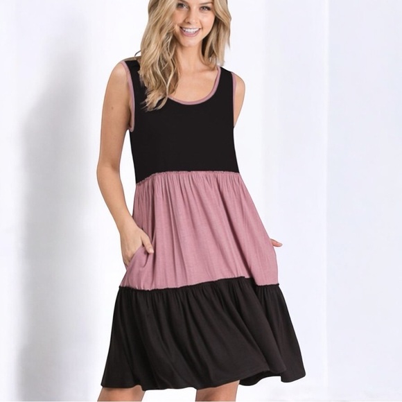 NWT Black Rose Color Block Swing Tank Midi Dress with Side Pockets - Picture 1 of 6